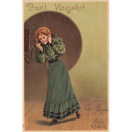 n°27583 - Nouvel An - Prosit Neujahr ! - Jeune femme au téléphone - Illustrateur A. Mailick