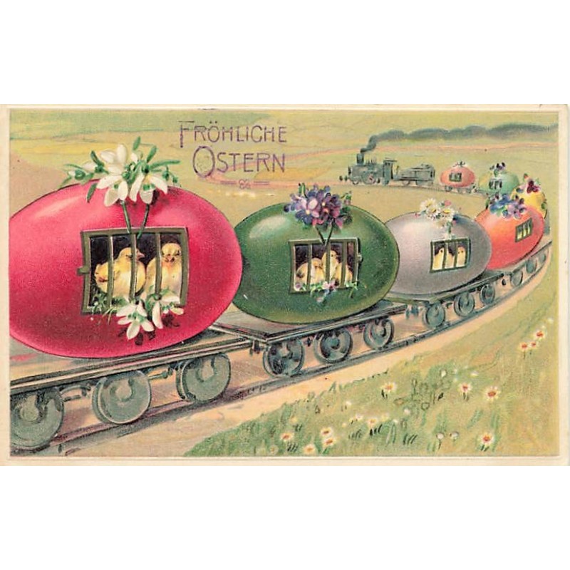 n°27584 - Carte Gaufrée - Fröhliche Ostern - Train avec des poussins dans des coquilles sur les wagons