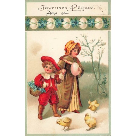 n°27586 - Carte Gaufrée - Clapsaddle - Joyeuses Pâques - Jeune fille portant un oeuf, marchant avec un petit garçon