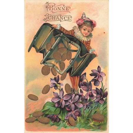 n°27588 - Carte Gaufrée - Fantaisie - Bonne Chance - Enfant renversant un porte-monnaie sur des violettes