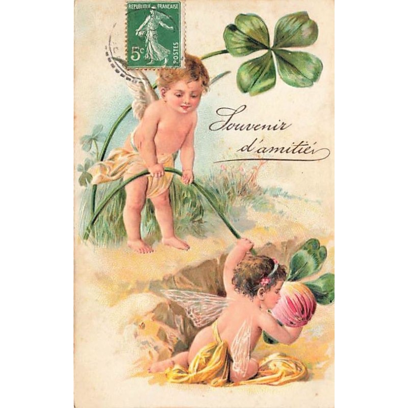 n°27589 - Carte Gaufrée - 7191 - Fantaisie - Souvenir d'amitié - Anges près de trèsfles