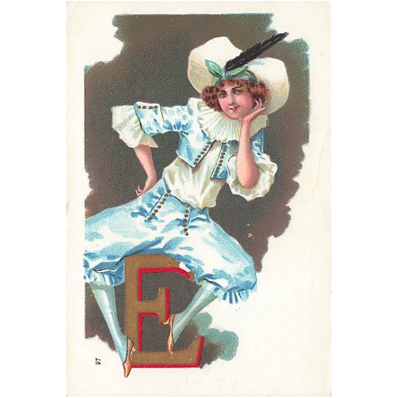 n°27592 - Fantaisie - Jeune femme assis sur la lettre E - Alphabet