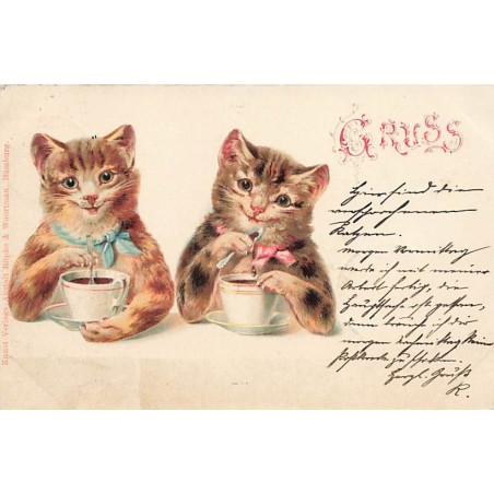 n°27594 - Animaux - Chat - Deux chats buvant un chocolat chaud dans des tasses