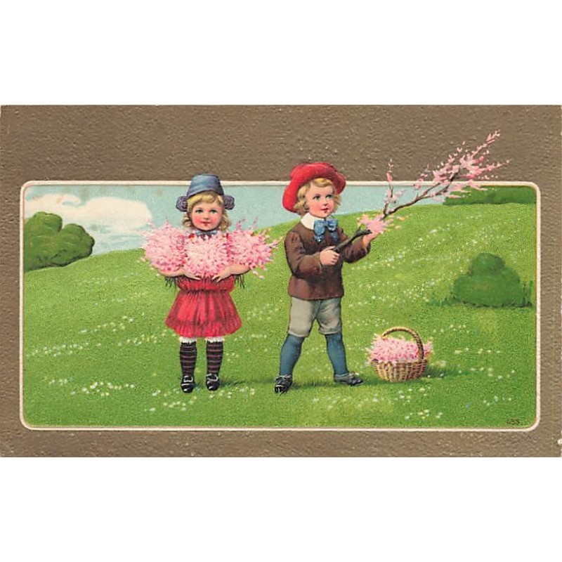 n°27595 - Carte Gaufrée - Fantaisie - Jeune couple cueillant des fleurs