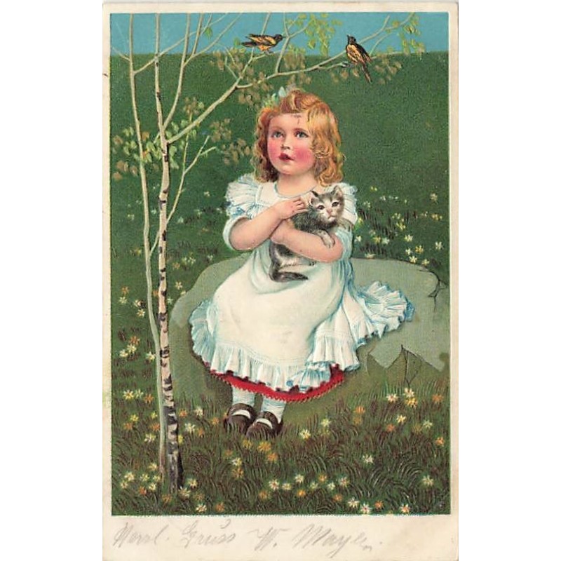 n°27598 - Carte Gaufrée - 6865 - Fantaisie - Fillette câlinant un chat, tout en regardant des oiseaux