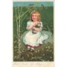 n°27598 - Carte Gaufrée - 6865 - Fantaisie - Fillette câlinant un chat, tout en regardant des oiseaux