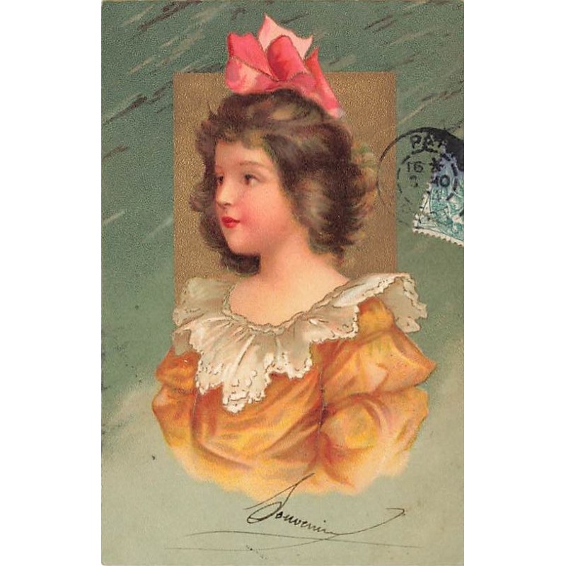 n°27599 - Fantaisie - Clapsaddle - Jeune fille avec un noeud rose dans les cheveux