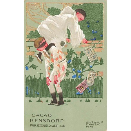 n°27603 - Publicité - Cacao Bensdorp - Arlequin aidant Pierrot à grimper sur un mur - Agent général F. Malsac