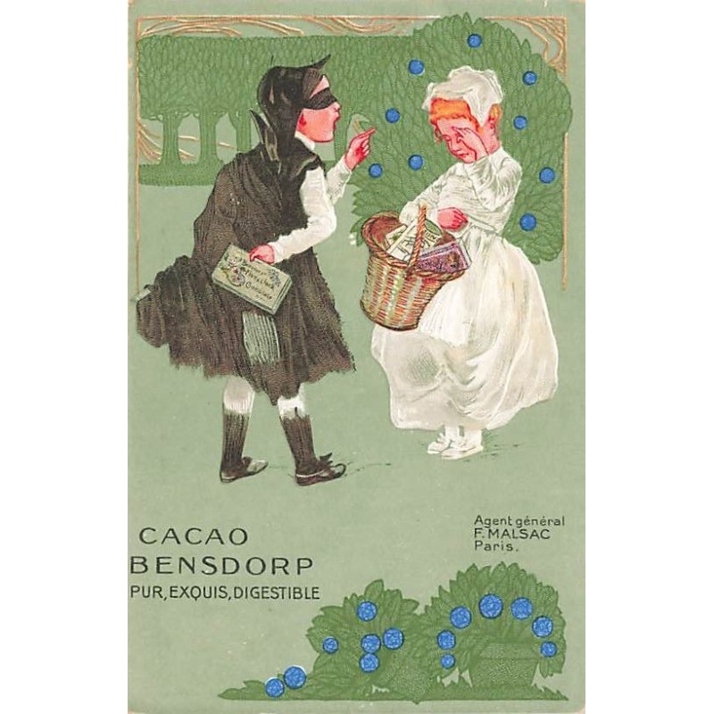 n°27604 - Publicité - Cacao Bensdorp - Garçon portant un masque, faisant pleurer une fillette