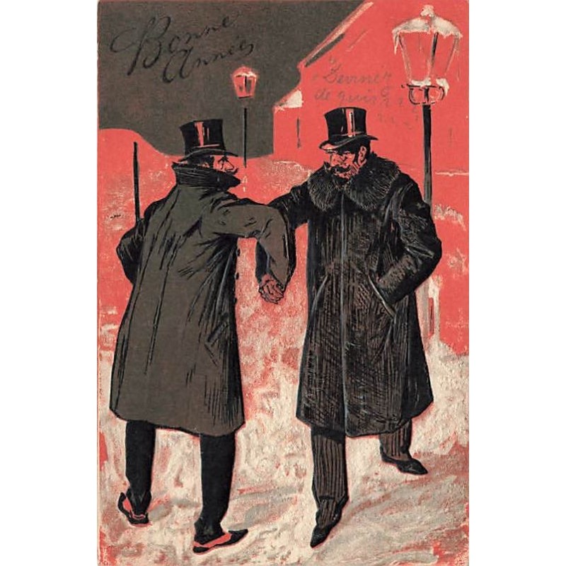n°27606 - Carte Gaufrée - Bonne Année - Deux hommes bras dessus bras dessous dans la nuit