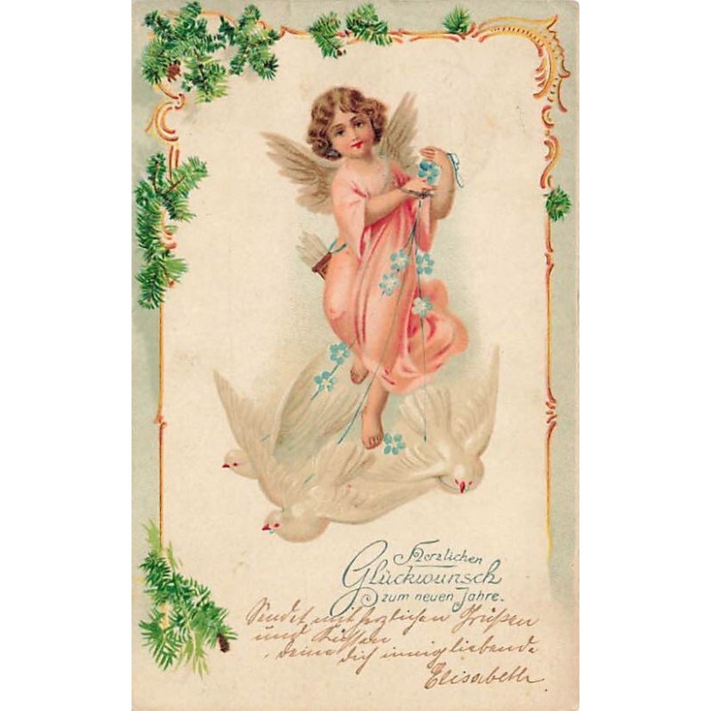 n°27610 - Nouvel An - Herzlichen Glückwunsch zum neuen Jahre - Cupidon volant avec des colombes