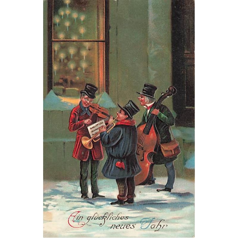 n°27612 - Carte Gaufrée - Nouvel An - Hommes jouant de la musique dans la rue