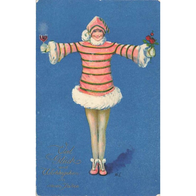n°27617 - Nouvel An - W.L. - Meissner & Buch - Jeune femme tenant un verre