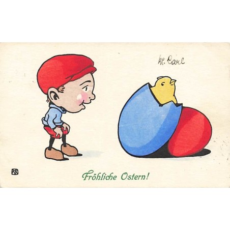n°27618 - Pâques - Fröhliche Ostern - Garçon regardant un poussin sortant d'un oeuf - MM Vienne n°674