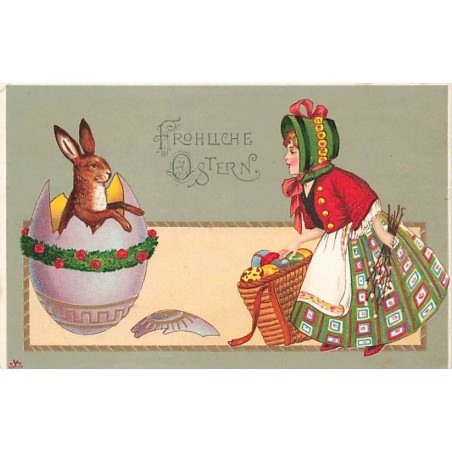 n°27619 - Pâques - Fröhliche Ostern - Jeune fille regardant un lièvre sortant d'un oeuf