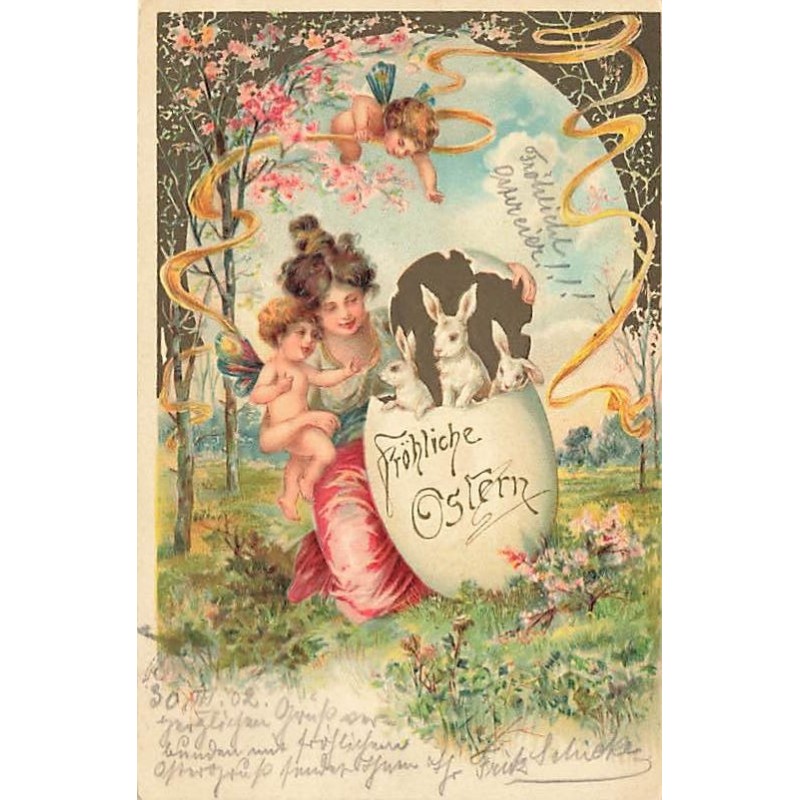 n°27620 - Carte Gaufrée - Fröhliche Ostern - Jeune femme et anges regardant des lièvres sortant d'un oeuf