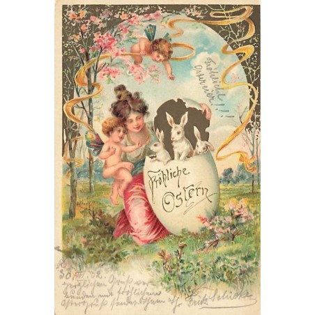 n°27620 - Carte Gaufrée - Fröhliche Ostern - Jeune femme et anges regardant des lièvres sortant d'un oeuf