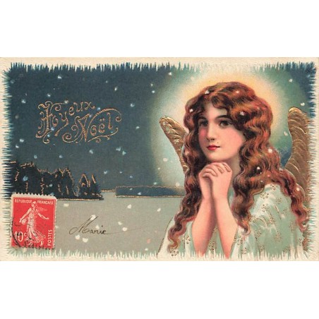 n°27621 - Carte Gaufrée - Joyeux Noël - Ange gardien priant dans une nuit étoilée
