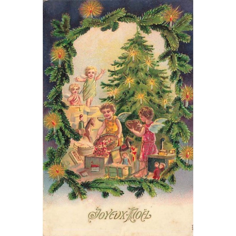 n°27622 - Carte Gaufrée - Joyeux Noël - Anges déposant des jouets autour d'un sapin