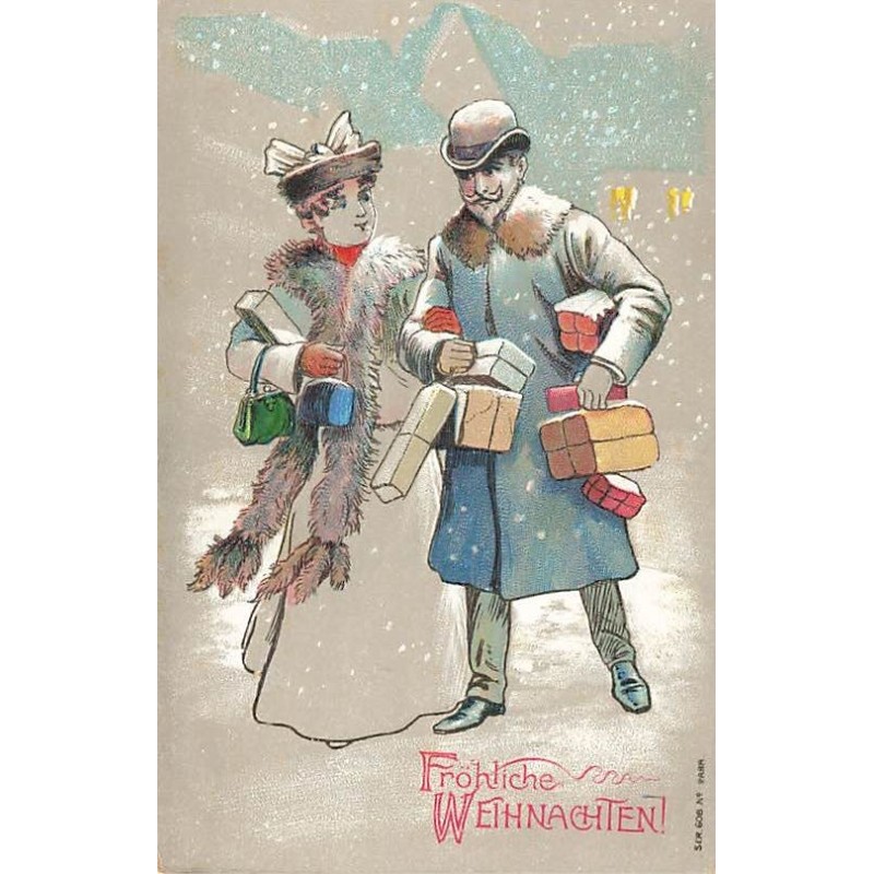 n°27623 - Carte Gaufrée - Noël - Fröhliche Weihnachten - Couple portant des paquets, et marchant sous la neige