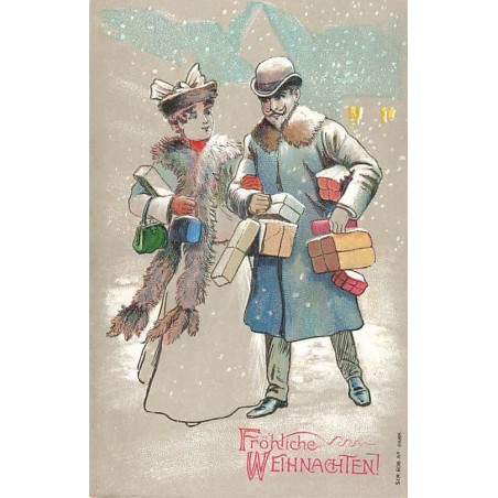 n°27623 - Carte Gaufrée - Noël - Fröhliche Weihnachten - Couple portant des paquets, et marchant sous la neige