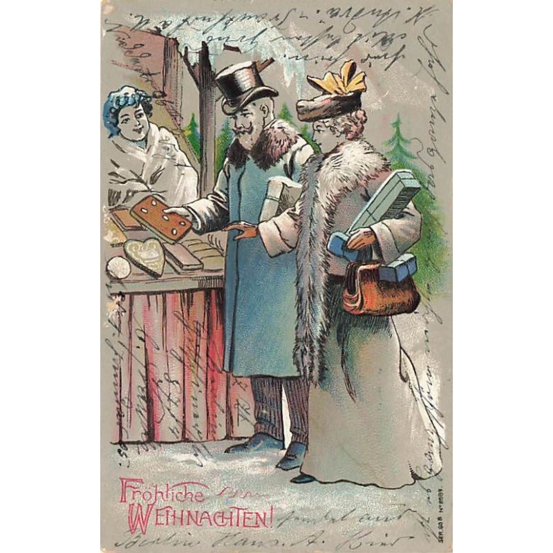 n°27624 - Carte Gaufrée - Noël - Fröhliche Weihnachten - Couple achetant des cadeaux sous la neige