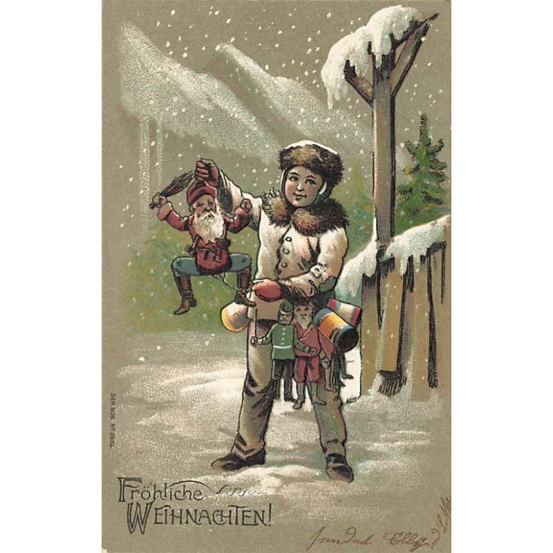 n°27625 - Carte Gaufrée - Noël - Fröhliche Weihnachten - Garçon vendant des pantins, sous la neige