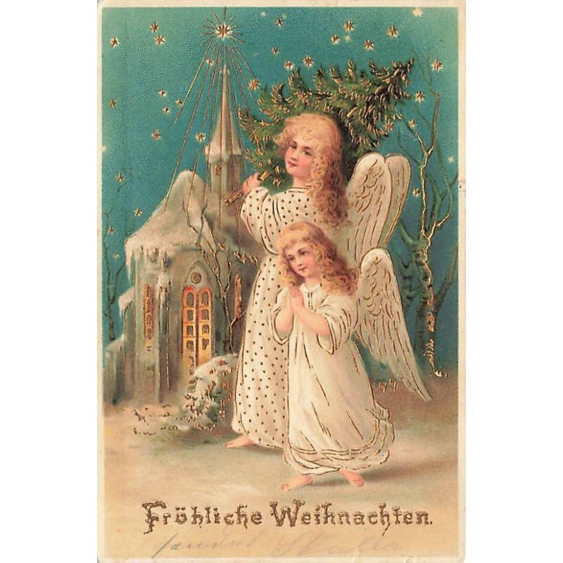 n°27630 - Carte Gaufrée - Noël - Fröhliche Weihnachten - Anges, l'un priant, l'autre portant un sapin