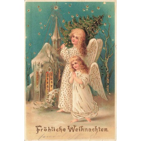 n°27630 - Carte Gaufrée - Noël - Fröhliche Weihnachten - Anges, l'un priant, l'autre portant un sapin