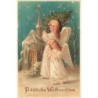 n°27630 - Carte Gaufrée - Noël - Fröhliche Weihnachten - Anges, l'un priant, l'autre portant un sapin
