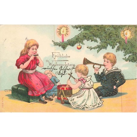 n°27631 - Carte Gaufrée - Noël - Fröhliche Weihnachten - Enfants jouant de la musique près d'un sapin