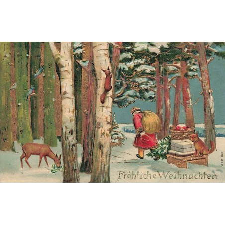 n°27632 - Carte Gaufrée - Fröhliche Weihnachten - Père Noël tirant un luge chargée de cadeaux, dans la forêt
