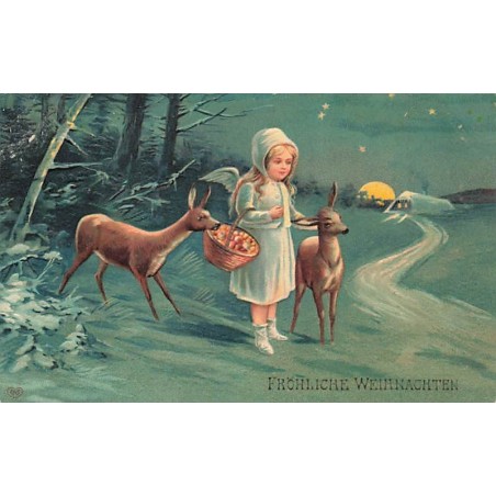 n°27634 - Carte Gaufrée - Noël - Fröhliche Weihnachten - Ange portant un panier, à l'orée d'une forêt
