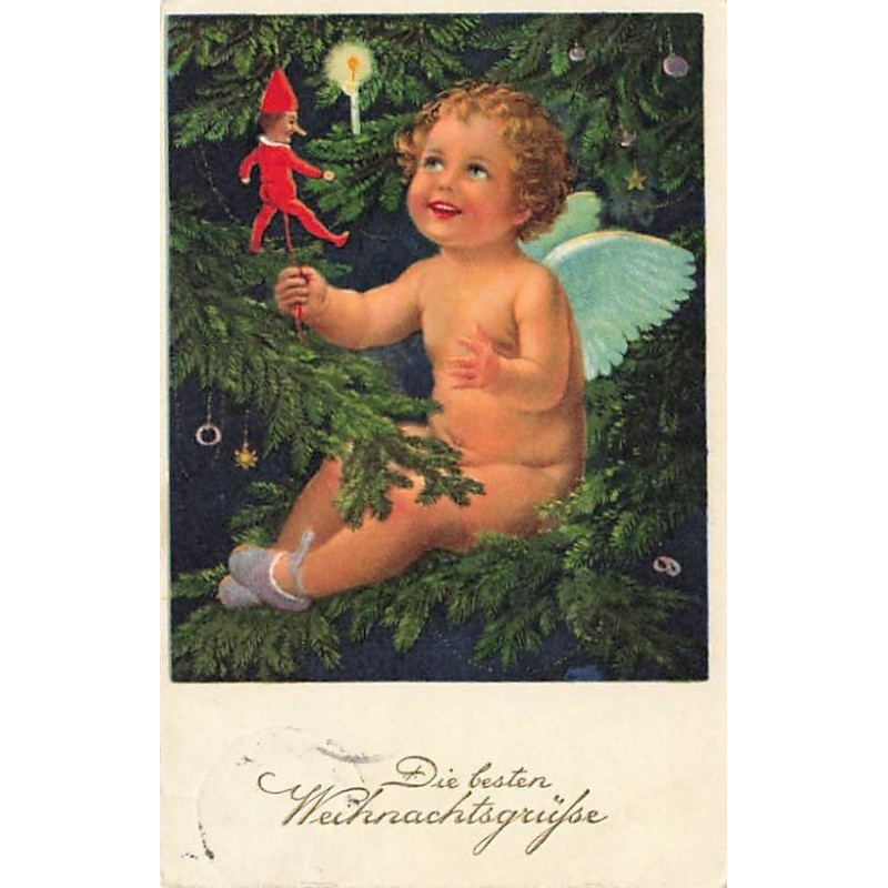 n°27637 - Noël - Flatscher - Ange assis dans un sapin jouant avec une marionnette