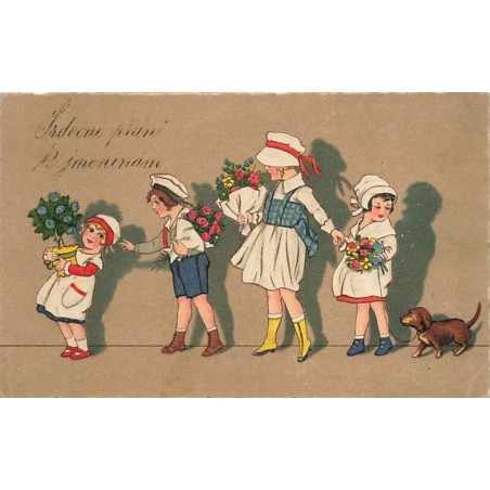 n°27639 - Fantaisie - Enfants en fil indienne et un teckel , apportant des bouquets