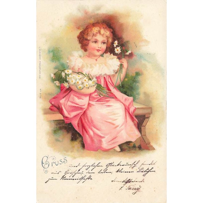 n°27650 - Fantaisie - Clapsaddle - Fillette assise sur un banc, tenant des marguerites