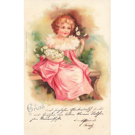n°27650 - Fantaisie - Clapsaddle - Fillette assise sur un banc, tenant des marguerites
