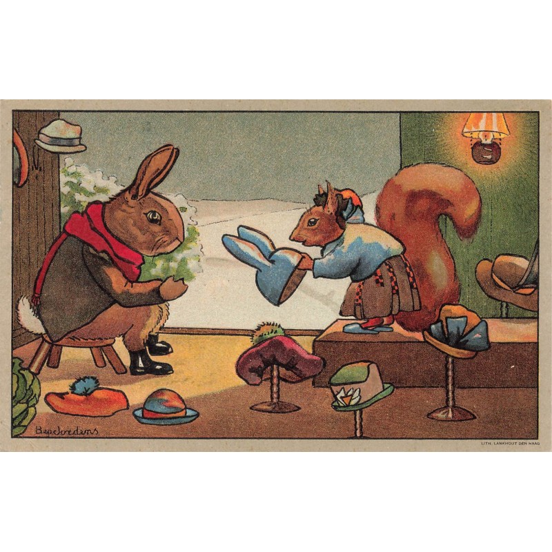 n°27656 - Illustrateur Bep Jordens - Lapins et écureuil habillés essayant des chapeaux