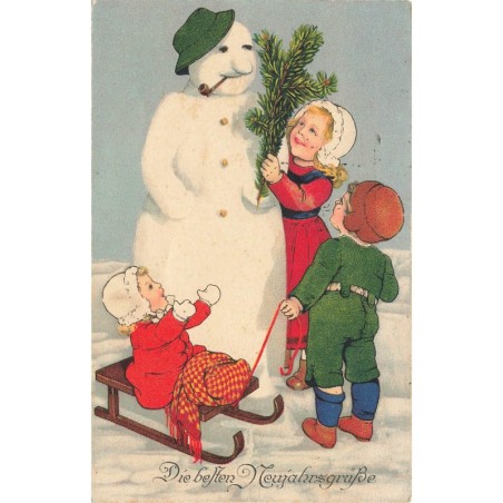 n°27659 - Nouvel An - Flatscher - Enfants autour d'un bonhomme de neige