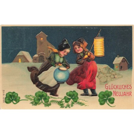 n°27664 - Carte Gaufrée - MSIB 13797 - Glückliches Neujahr - Fillettes avec des lampions