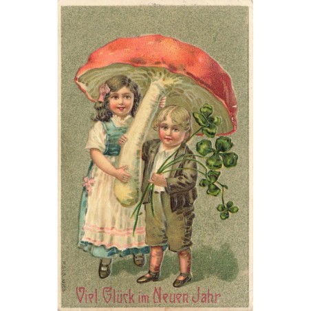 n°27665 - Carte Gaufrée - Nouvel An - MSIB 13968 - Enfants se protégeant sous un champignon