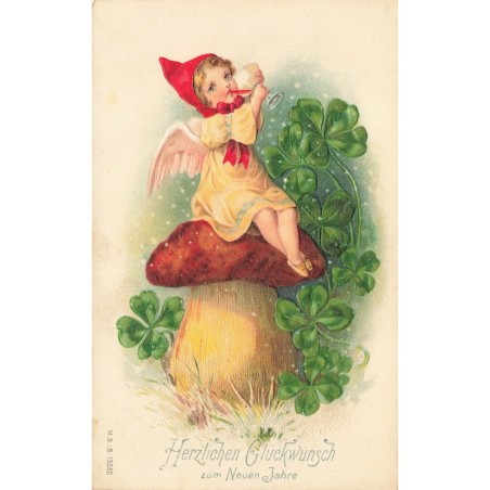 n°27667 - Carte Gaufrée - Nouvel An - MSIB 13550 - Ange buvant, assis sur un champignon