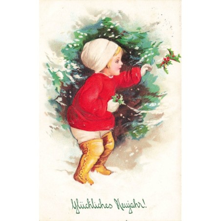 n°27669 - Carte Gaufrée - Clapsaddle - Glückliches Neujahr - Fillette cueillant du houx