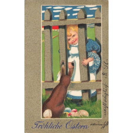 n°27671 - Carte Gaufrée - Pâques - Fröhliche Ostern - Fillette caressant un lièvre à travers une clôture en bois