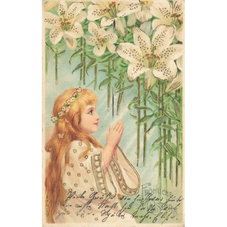 n°27672  - Carte Gaufrée - MISB 13424 - Fröhliche Ostern - Jeune fille priant près de fleurs