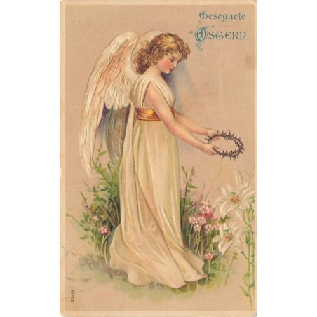 n°27674  - Carte Gaufrée - Pâques - Gesegnete Ostern - Ange gardien tenant une couronne en épine