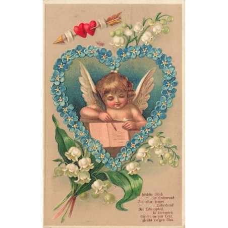 n°27675  - Carte Gaufrée - Ange écrivant une lettre au milieu d'un coeur en myosotis et brins de muguet