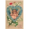 n°27675  - Carte Gaufrée - Ange écrivant une lettre au milieu d'un coeur en myosotis et brins de muguet