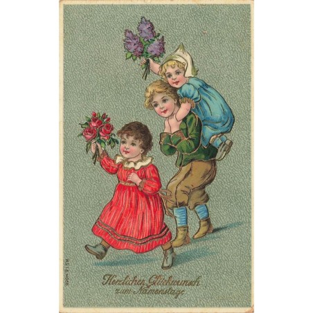 n°27676  - Carte Gaufrée - Anniversaire - MSIB 14066 - Enfants apportant des fleurs