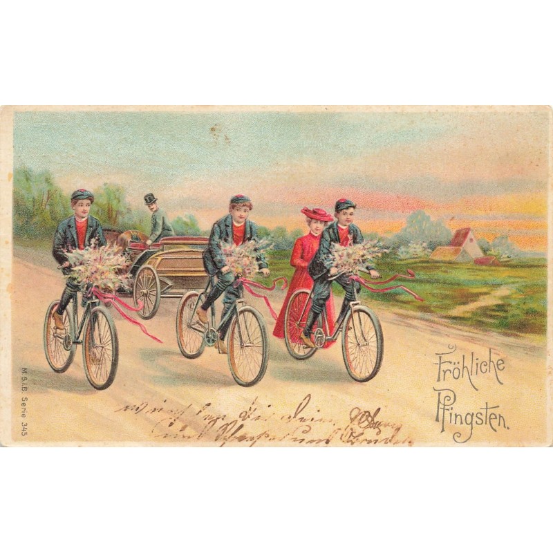 n°27677 - Carte Gaufrée - MSIB 345 - Frohliche Pfingsten - Garçons faisant du vélo